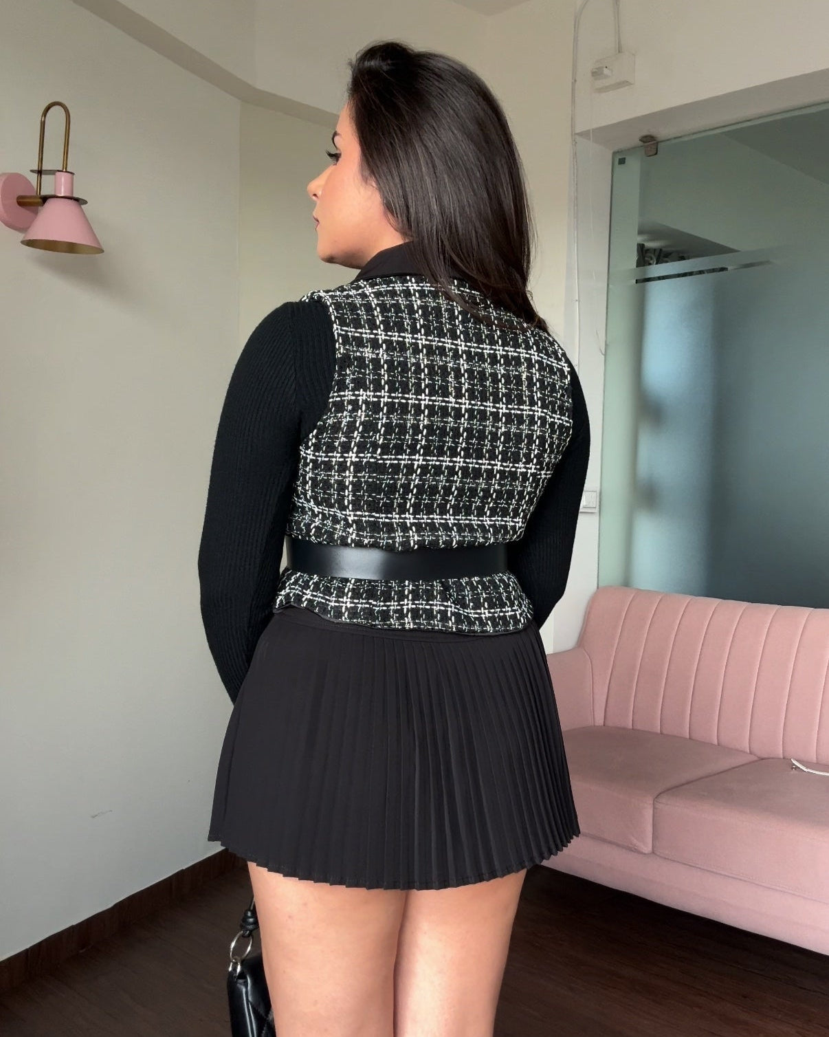 3 Piece Tweed Top With Inner And Belt