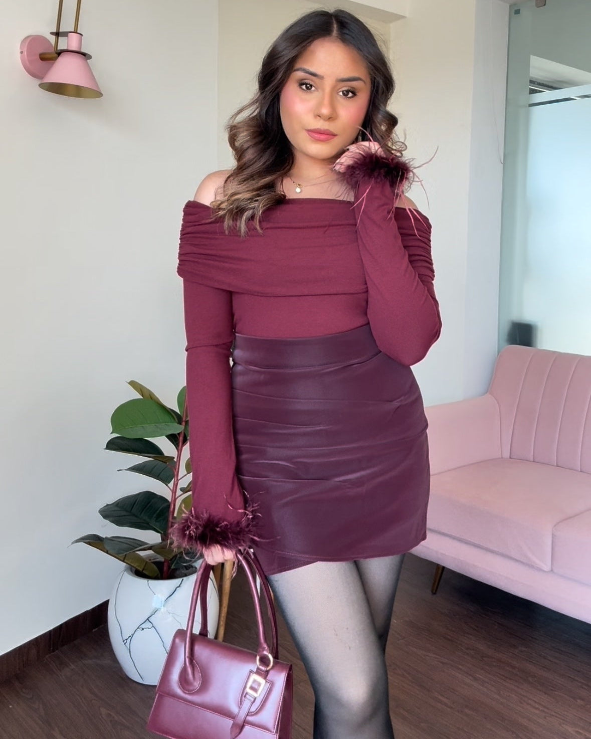 Wine Off Shoulder Fur Detailing  & Side Ruched Mini Matte Leather Skirt