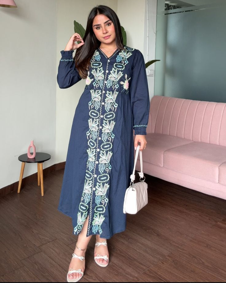 Embroidered V Neck A Line Cotton Dress