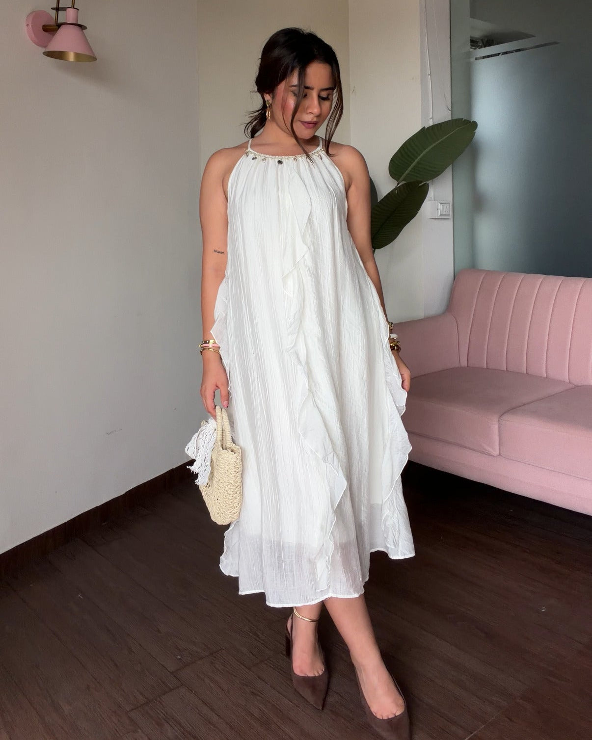 A Line Halter Neck Shell Detailing Ruffle Midi Dress