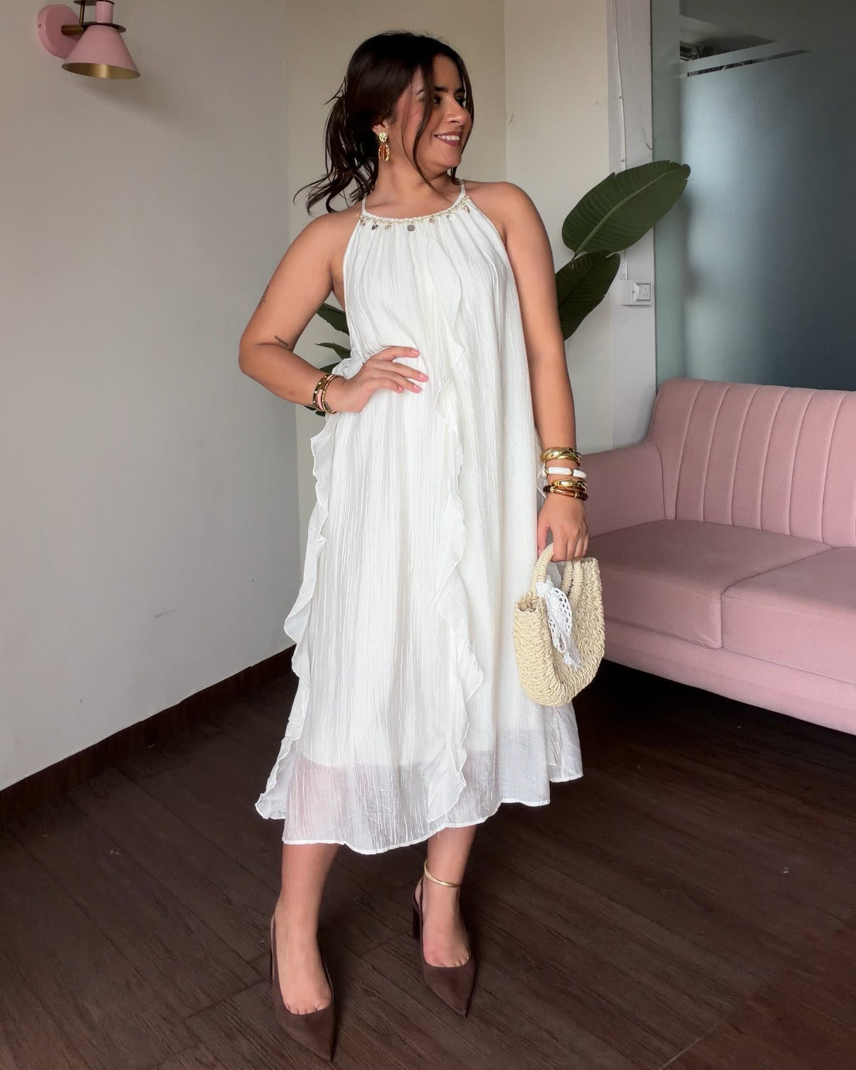 A Line Halter Neck Shell Detailing Ruffle Midi Dress