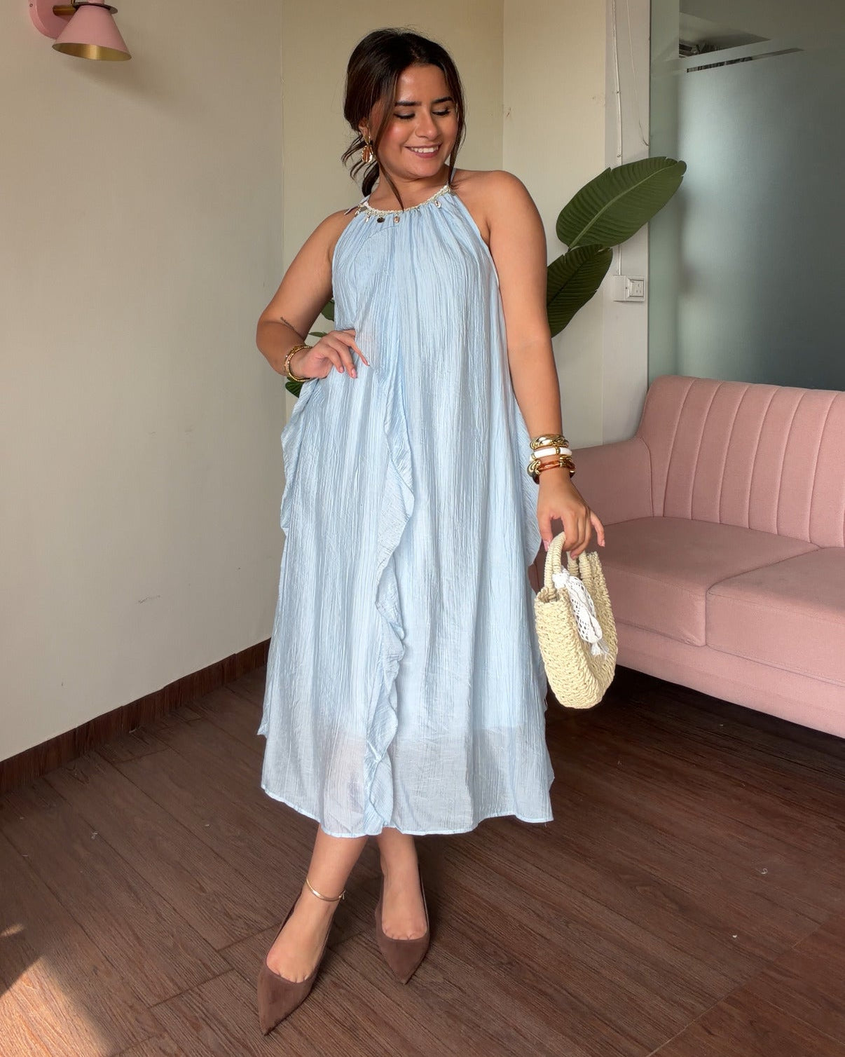 A Line Halter Neck Shell Detailing Ruffle Midi Dress