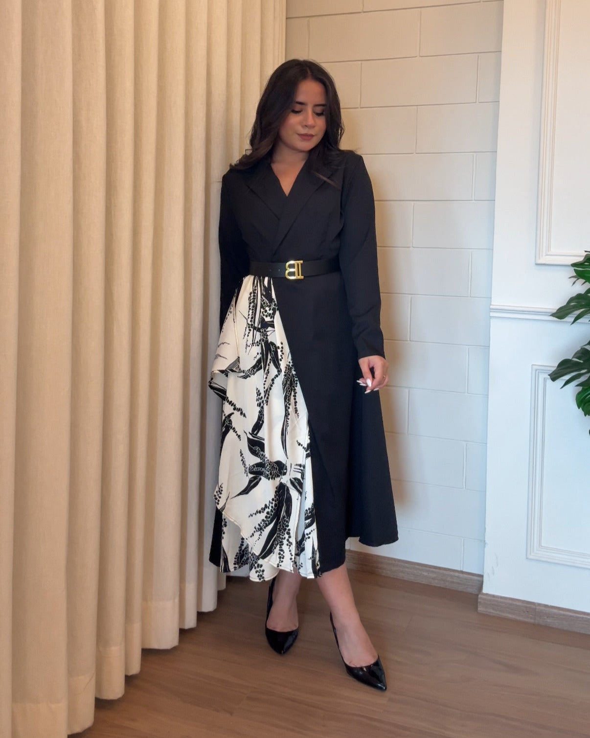 Abstract Scarf Detail Blazer Dress With Belt