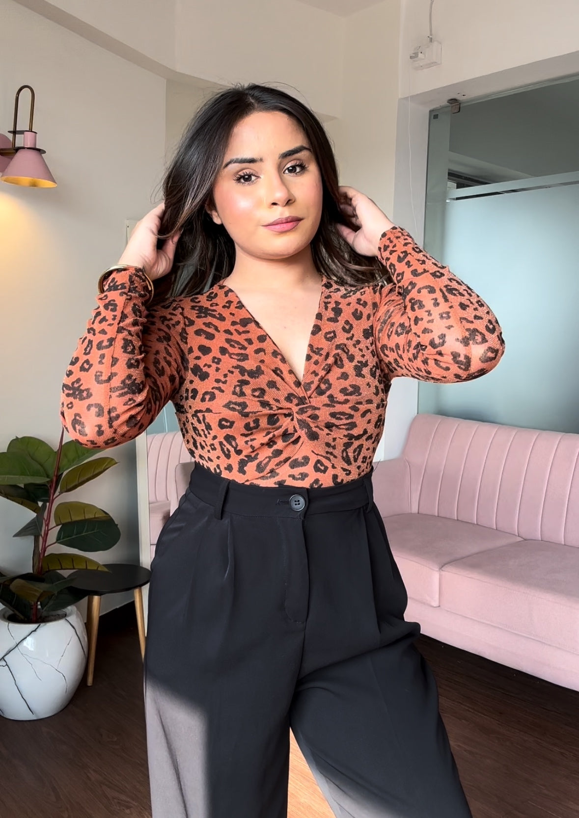 Animal Print Mesh Full Sleeve Knot Top