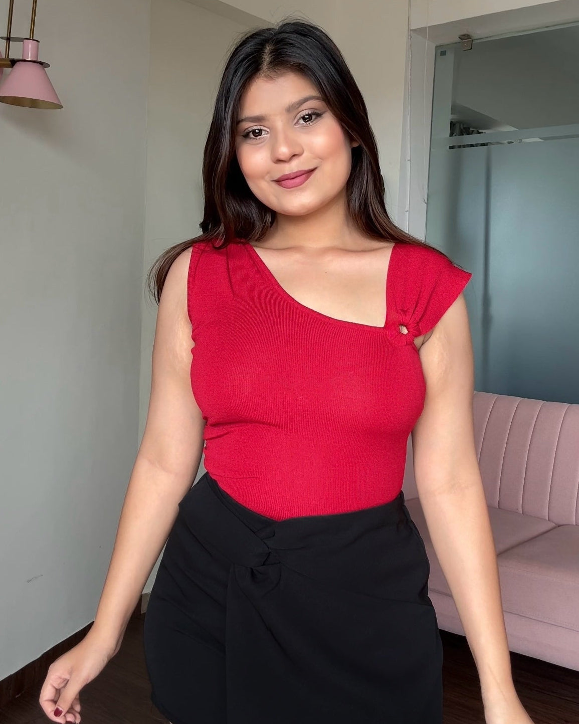 Asymmetric Neck Ring Detailing Fitted Top