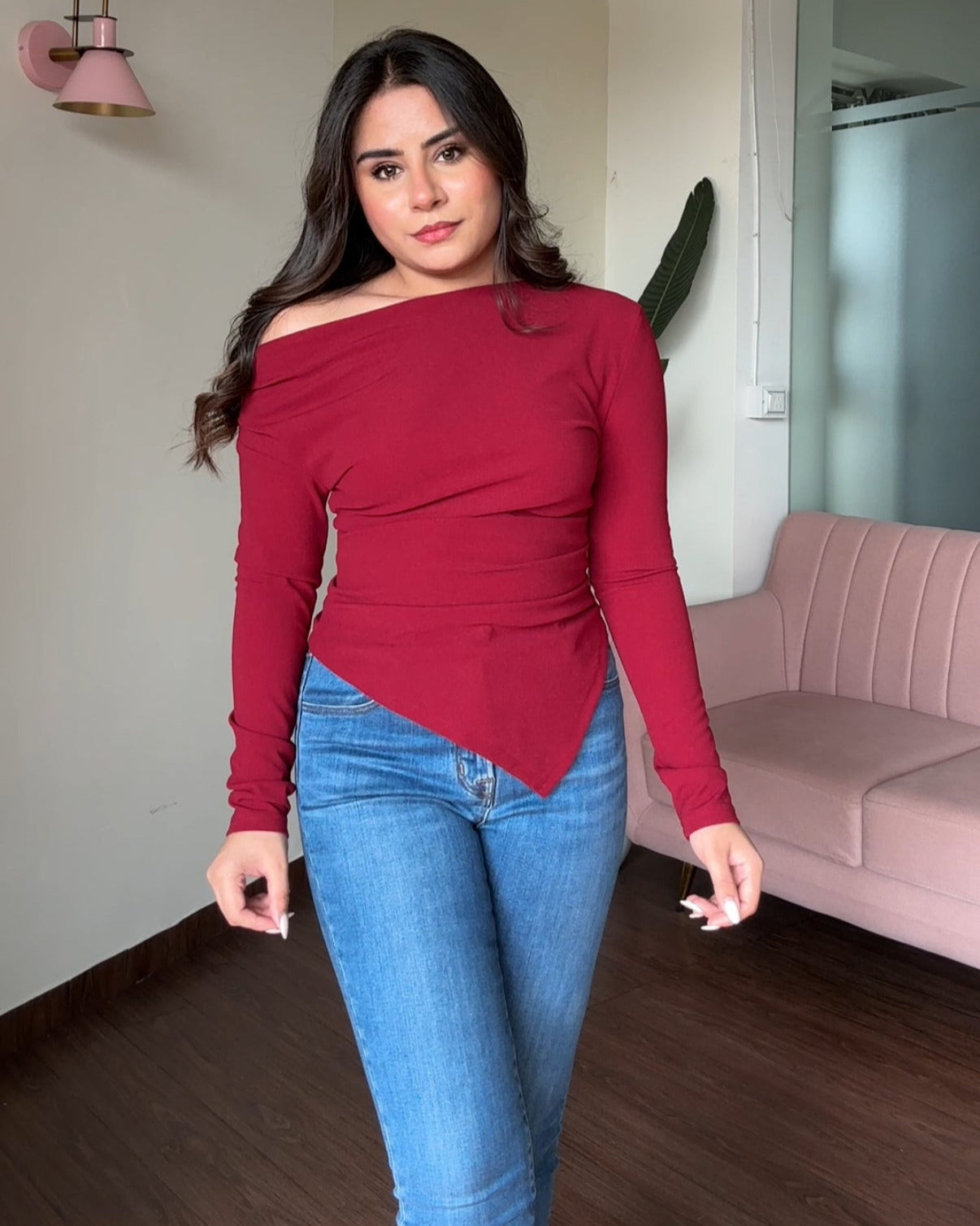 Asymmetric Ruched Solid Off Shoulder Top