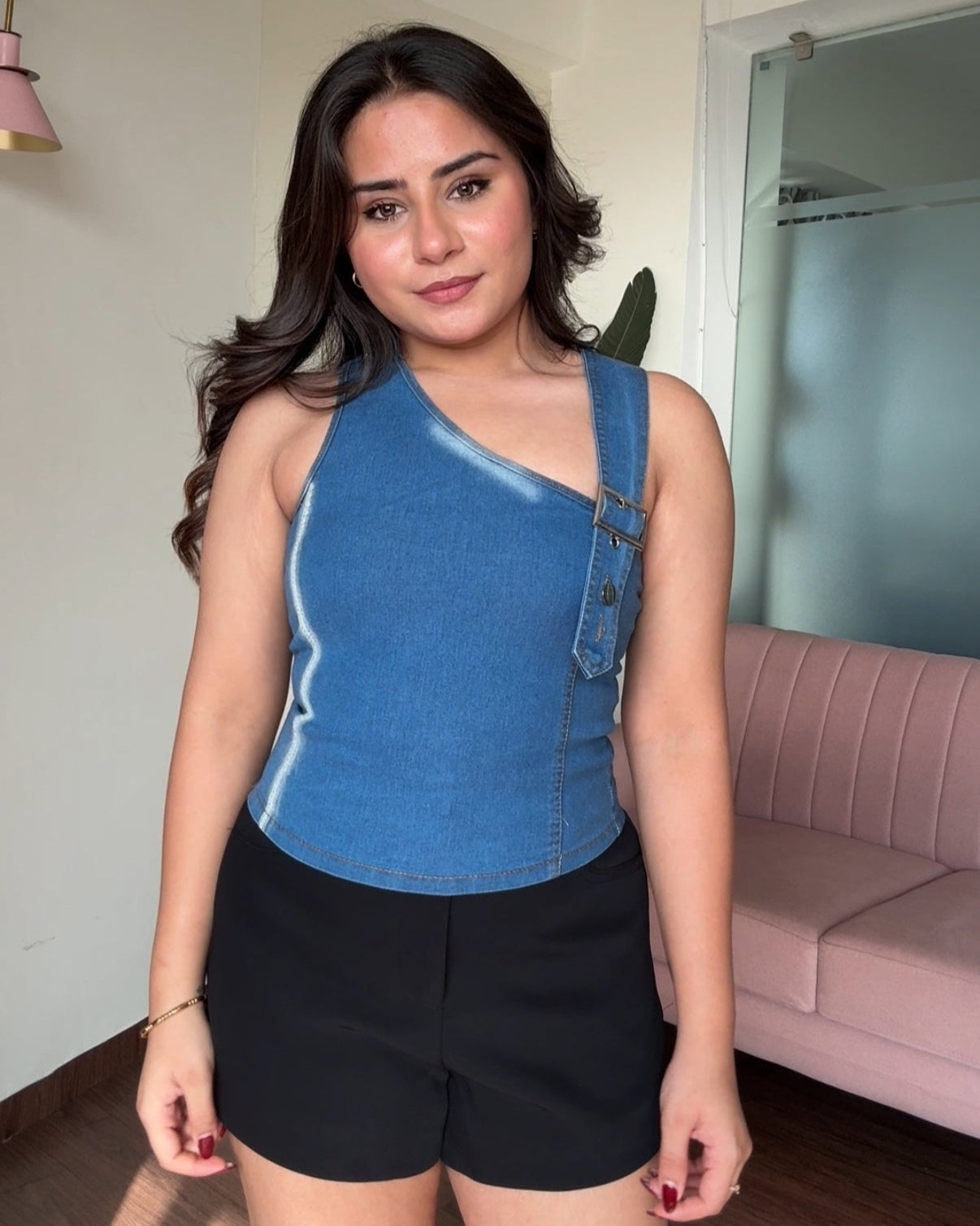 Asymmetrical Denim Fitted Top