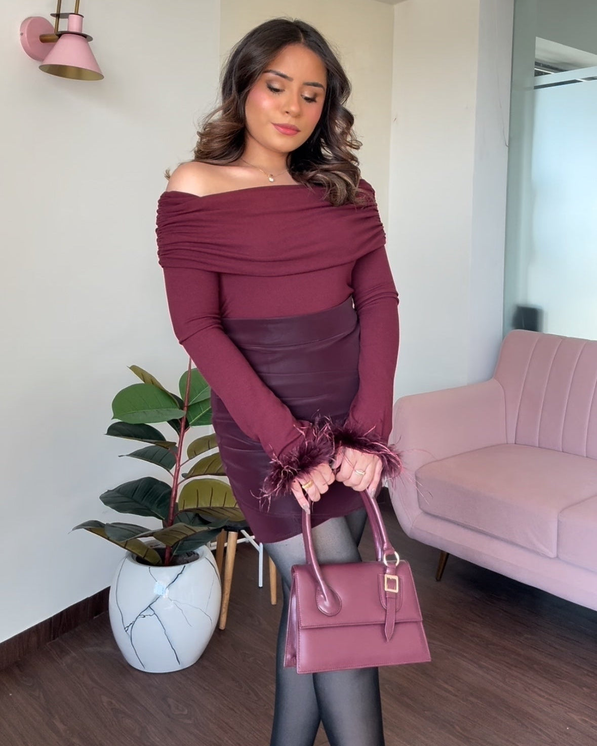 Off Shoulder Fur Detailing Full Sleeve Top