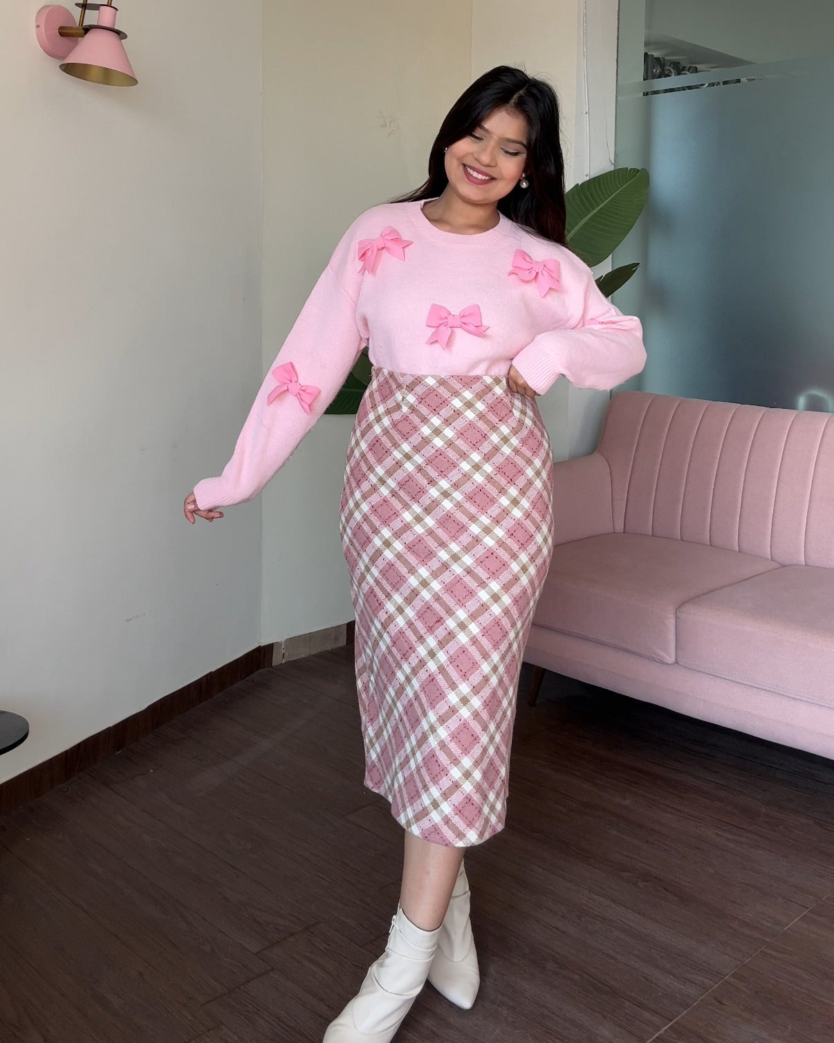 Baby Pink Midi Plaid Skirt