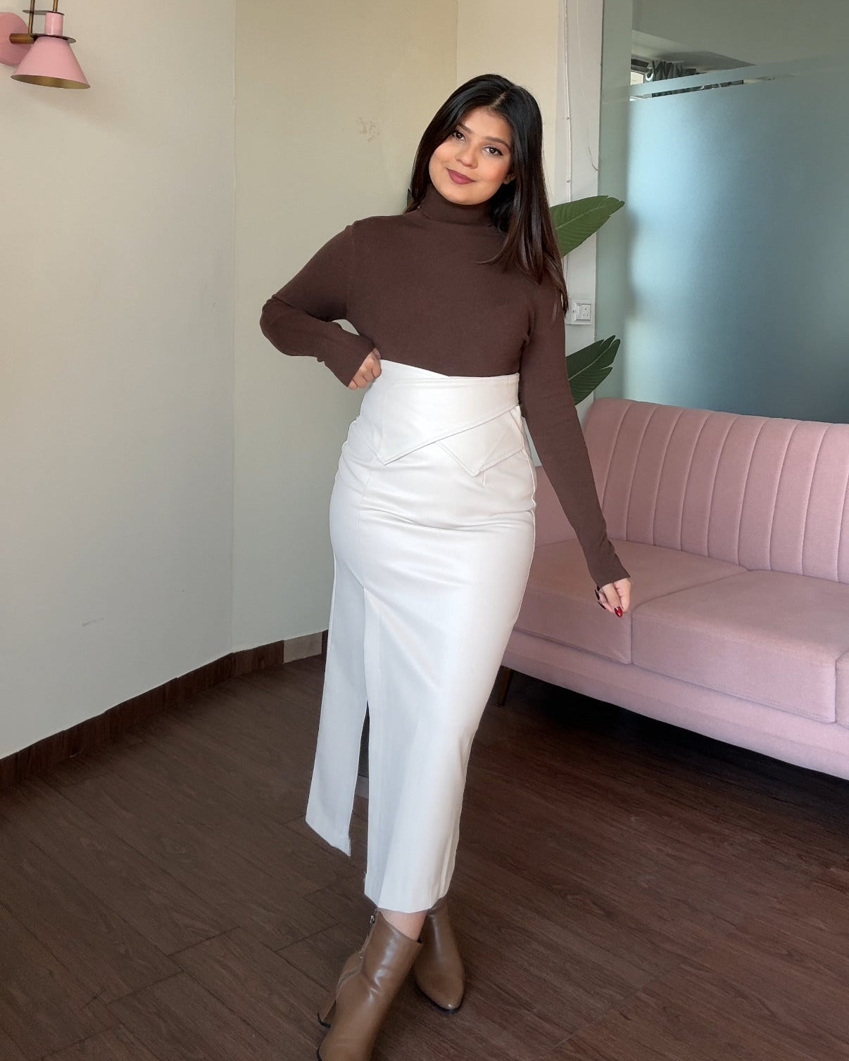 Back Button Up Detailing Midi Leather Skirt