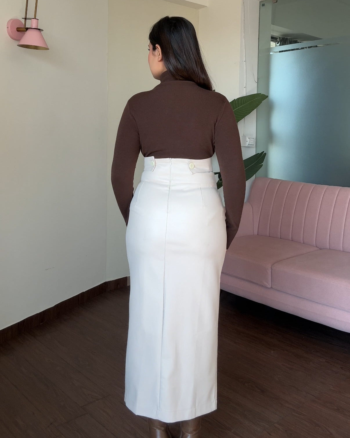 Back Button Up Detailing Midi Leather Skirt