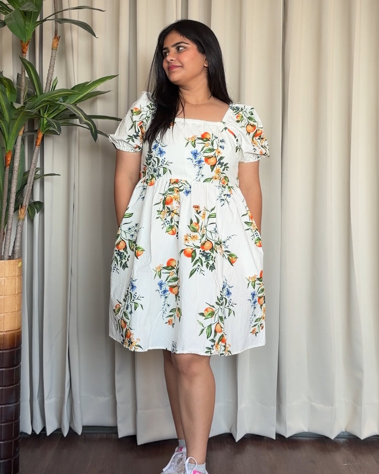 Back Tie Up Floral Detailing Cotton Dress