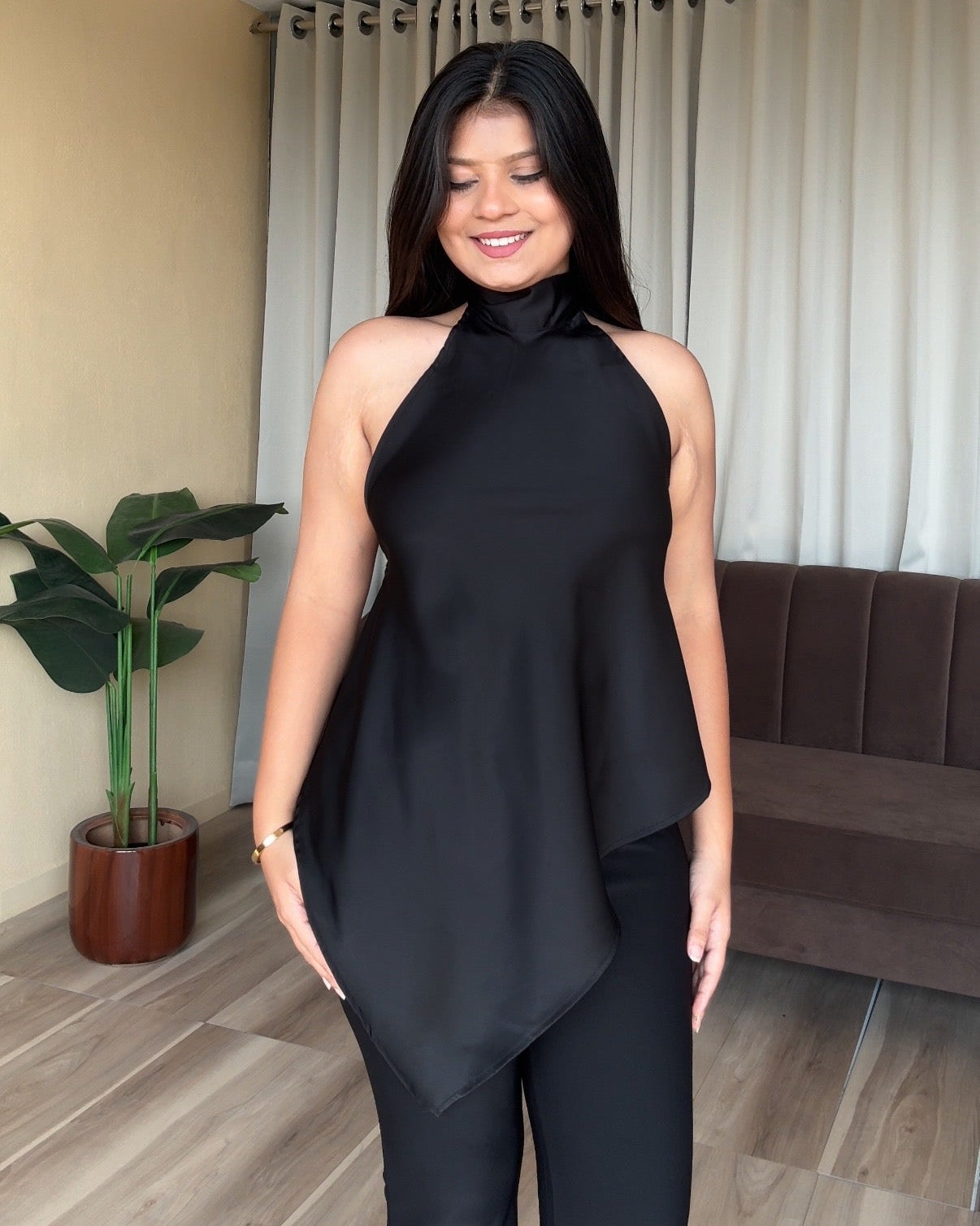 Backless Halterneck Asymmetric Satin Top