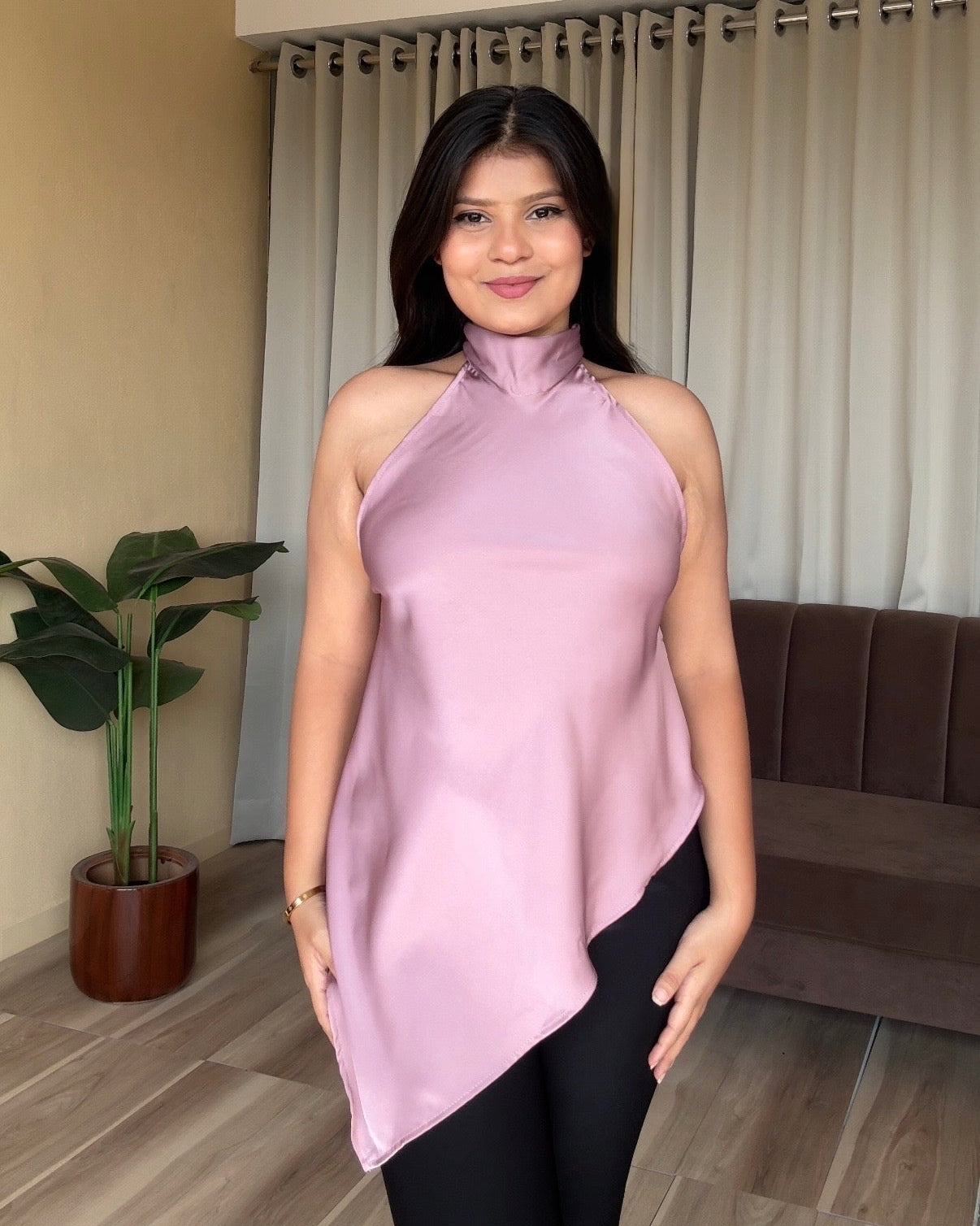 Backless Halterneck Asymmetric Satin Top