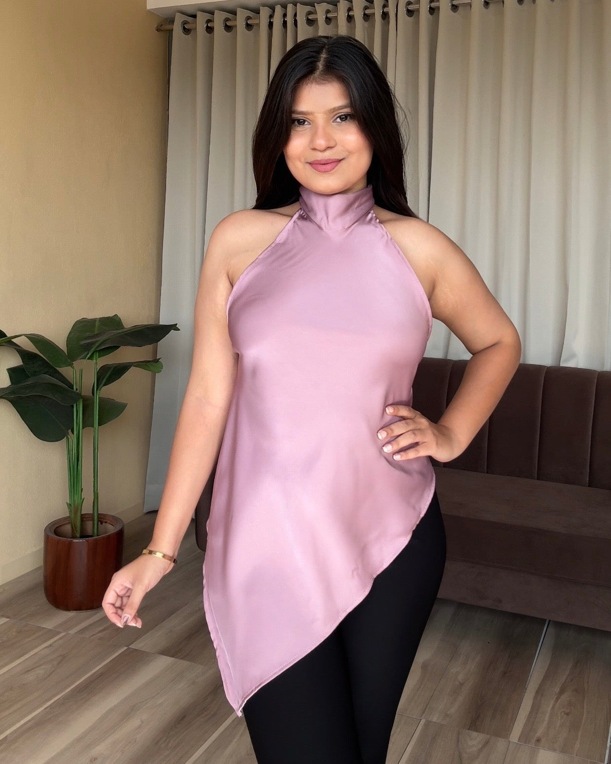 Backless Halterneck Asymmetric Satin Top