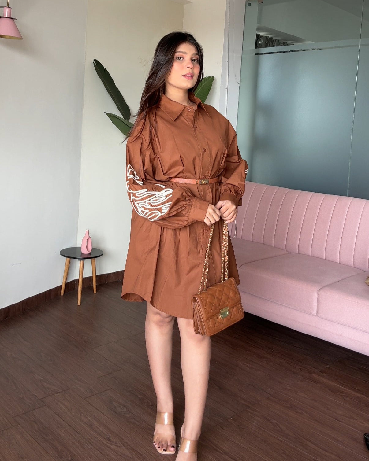 Balloon Sleeves Contrast Embroidery Shirt Dress
