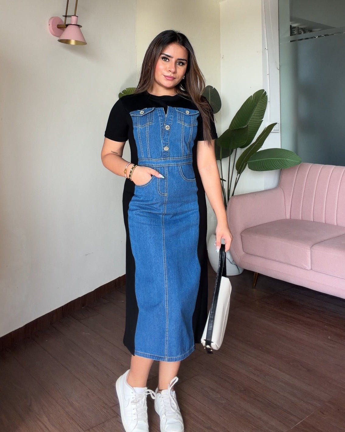 Basic Denim Contrast Detailing Midi Dress