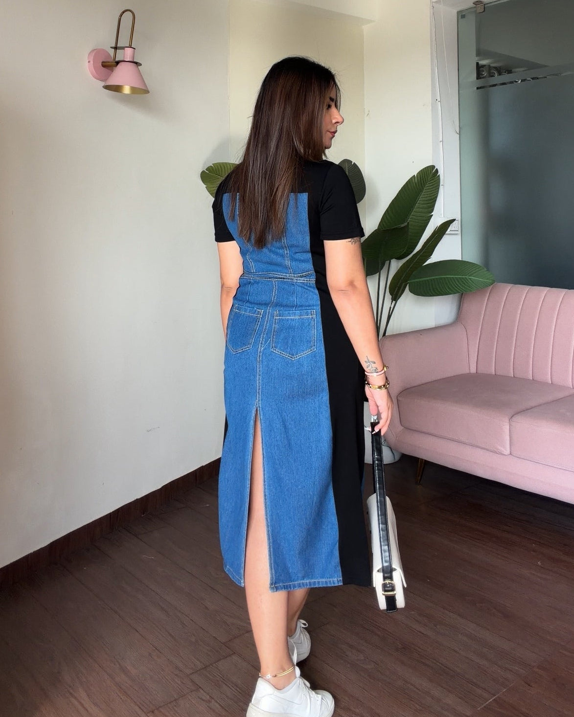 Basic Denim Contrast Detailing Midi Dress