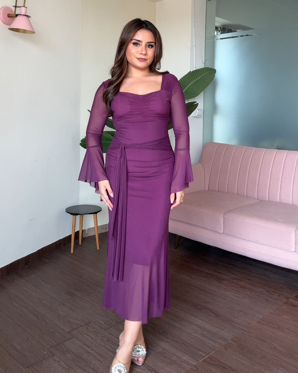 Bell Sleeve Detailing Sweetheart Neck Mesh Midi Dress