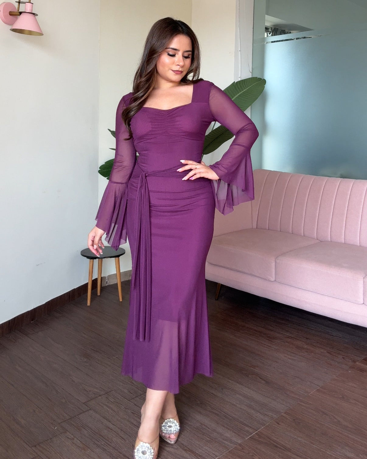 Bell Sleeve Detailing Sweetheart Neck Mesh Midi Dress