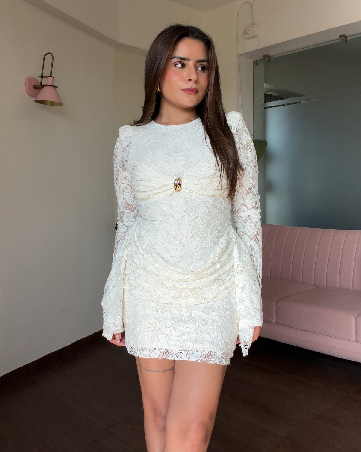 Bell Sleeve Golden Buckle Detailing Lacy Mini Dress
