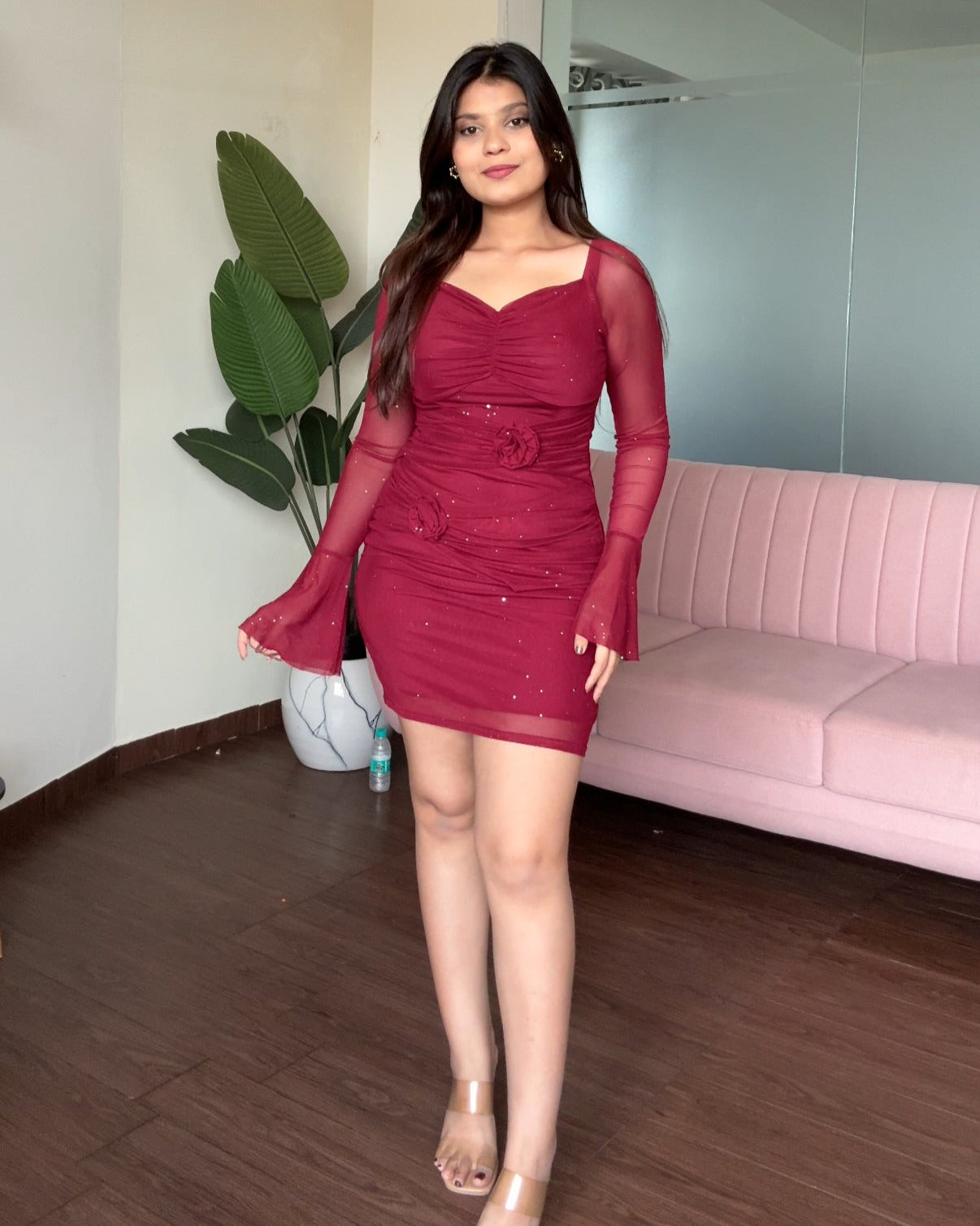 Bell Sleeve Sweetheart Rose Detail Mesh Mini Dress