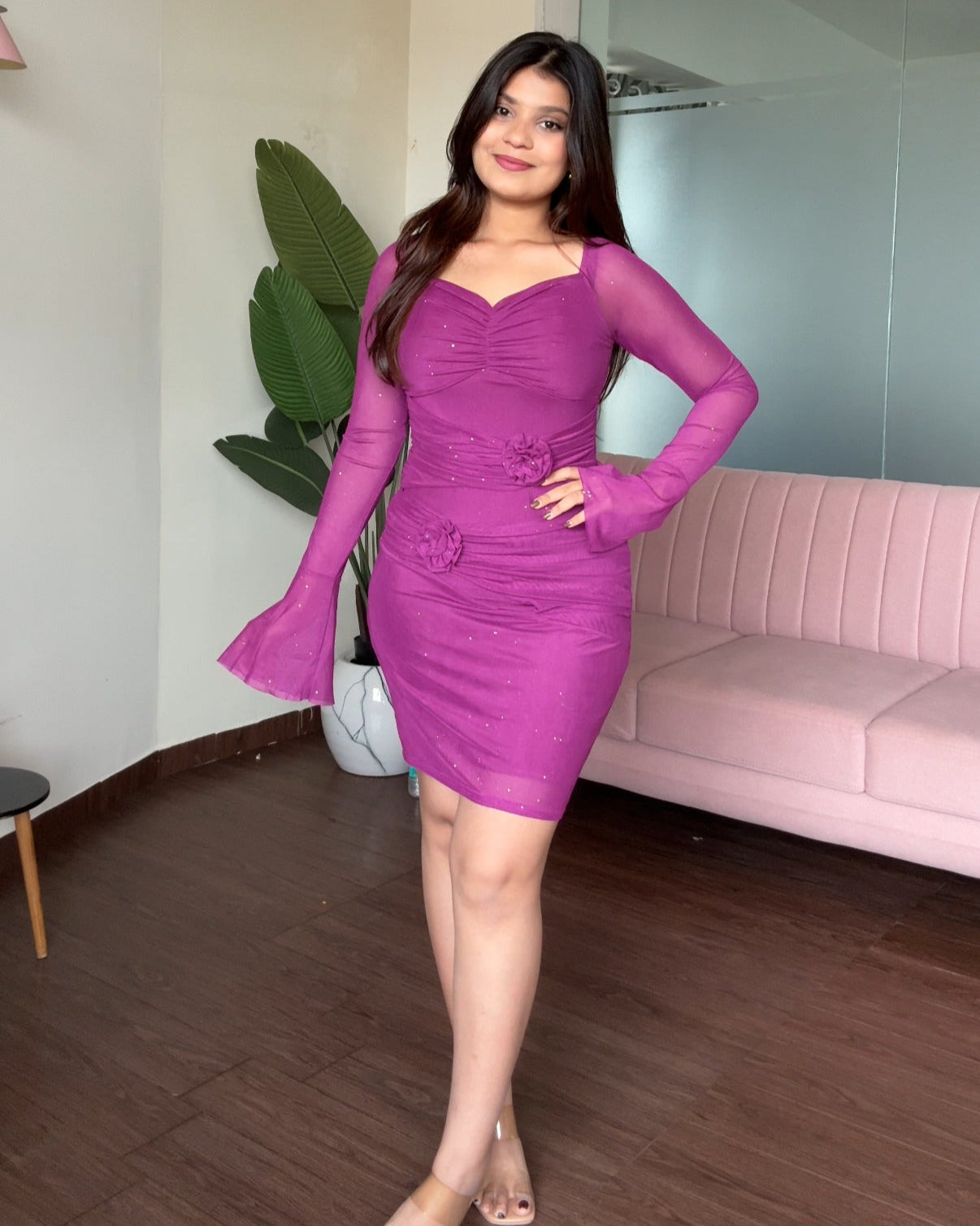 Bell Sleeve Sweetheart Rose Detail Mesh Mini Dress