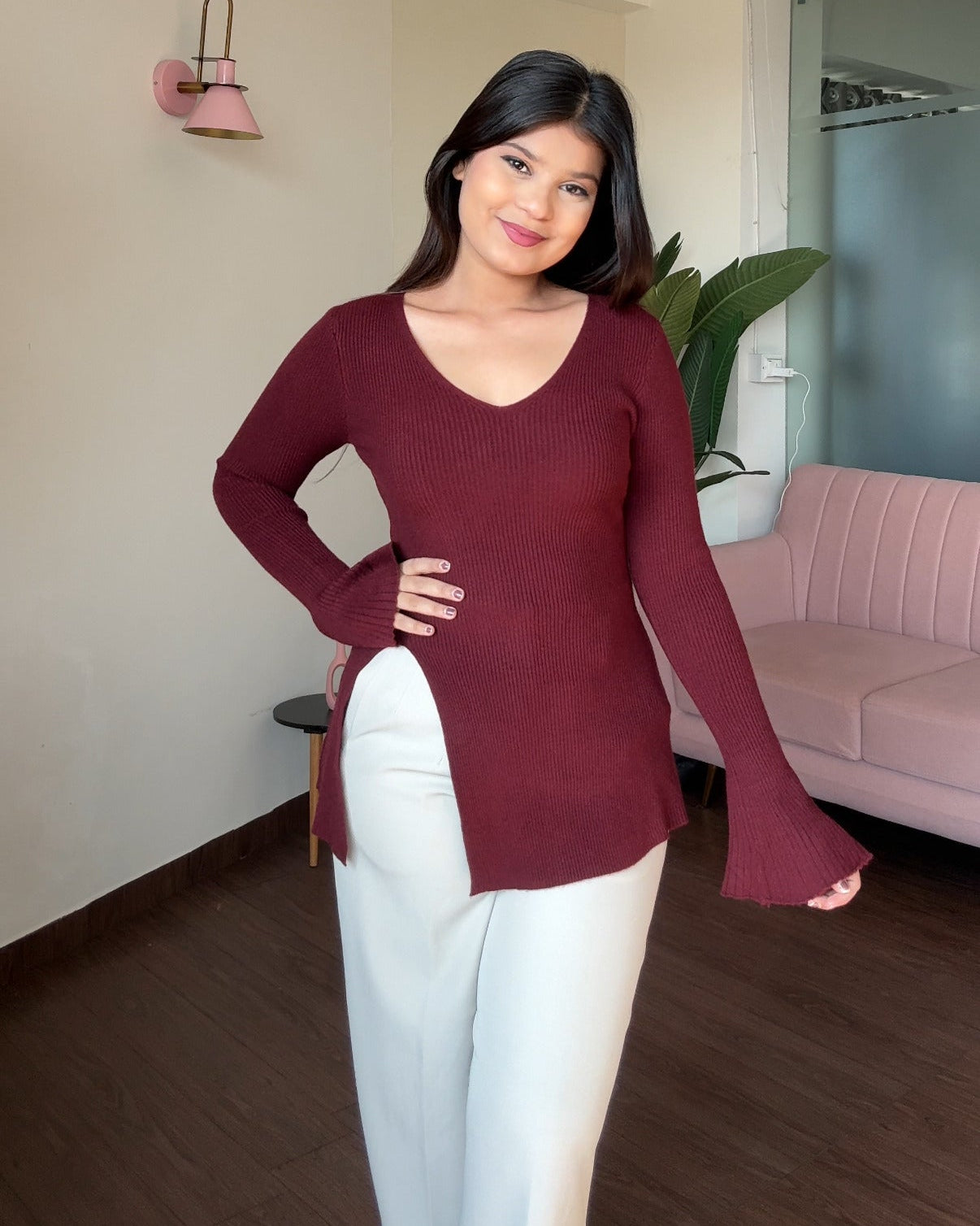 Bell Sleeve V Neck Knitted Top With Slit