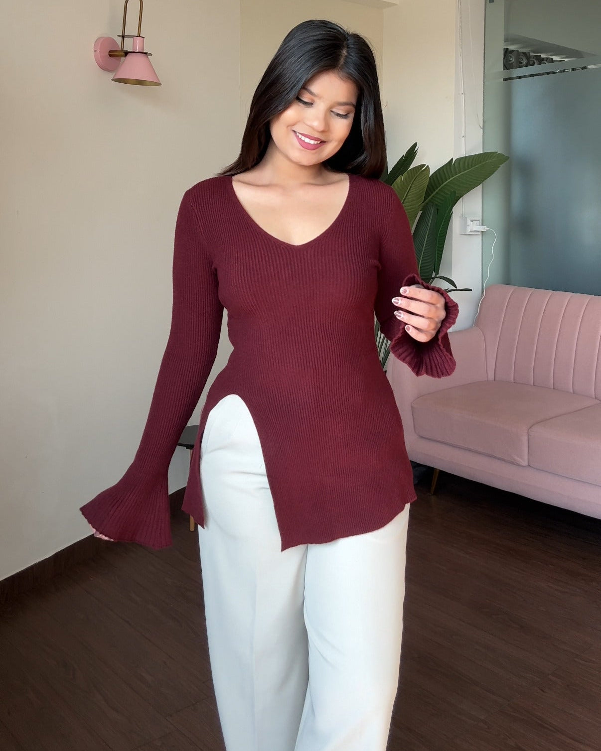 Bell Sleeve V Neck Knitted Top With Slit
