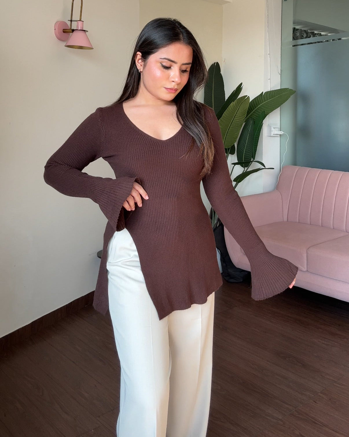 Bell Sleeve V Neck Knitted Top With Slit