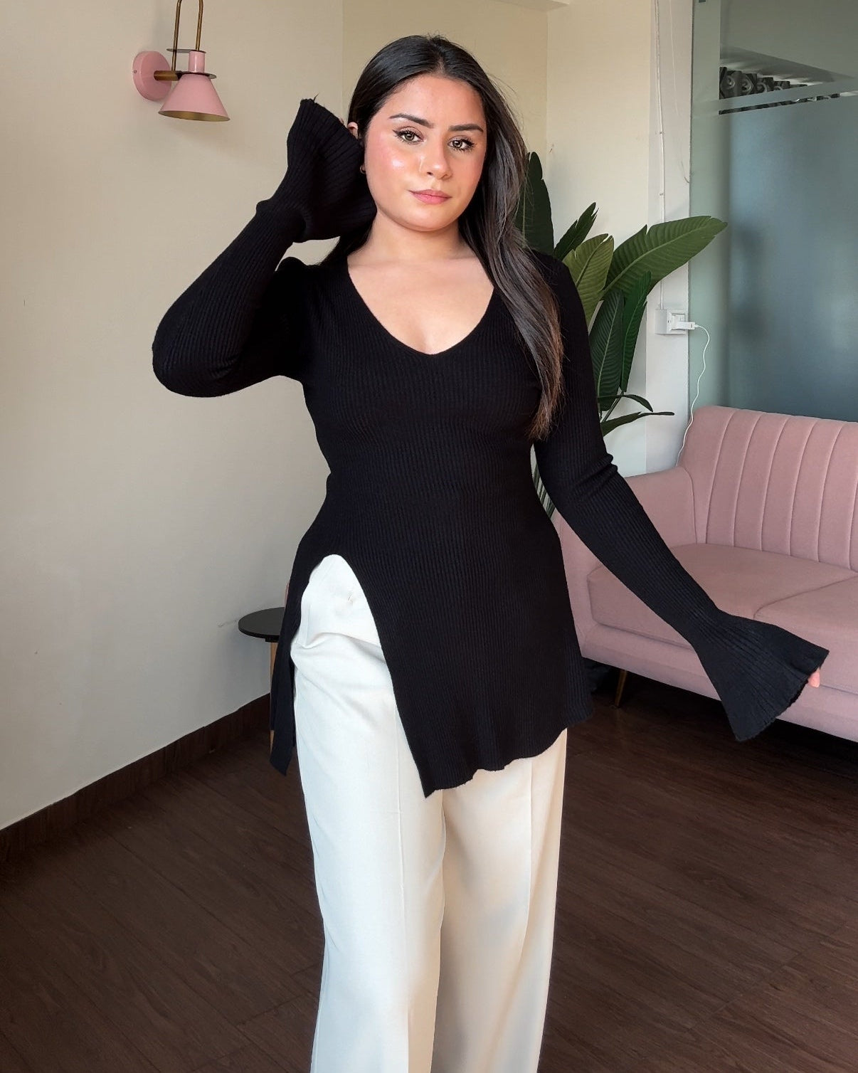 Bell Sleeve V Neck Knitted Top With Slit