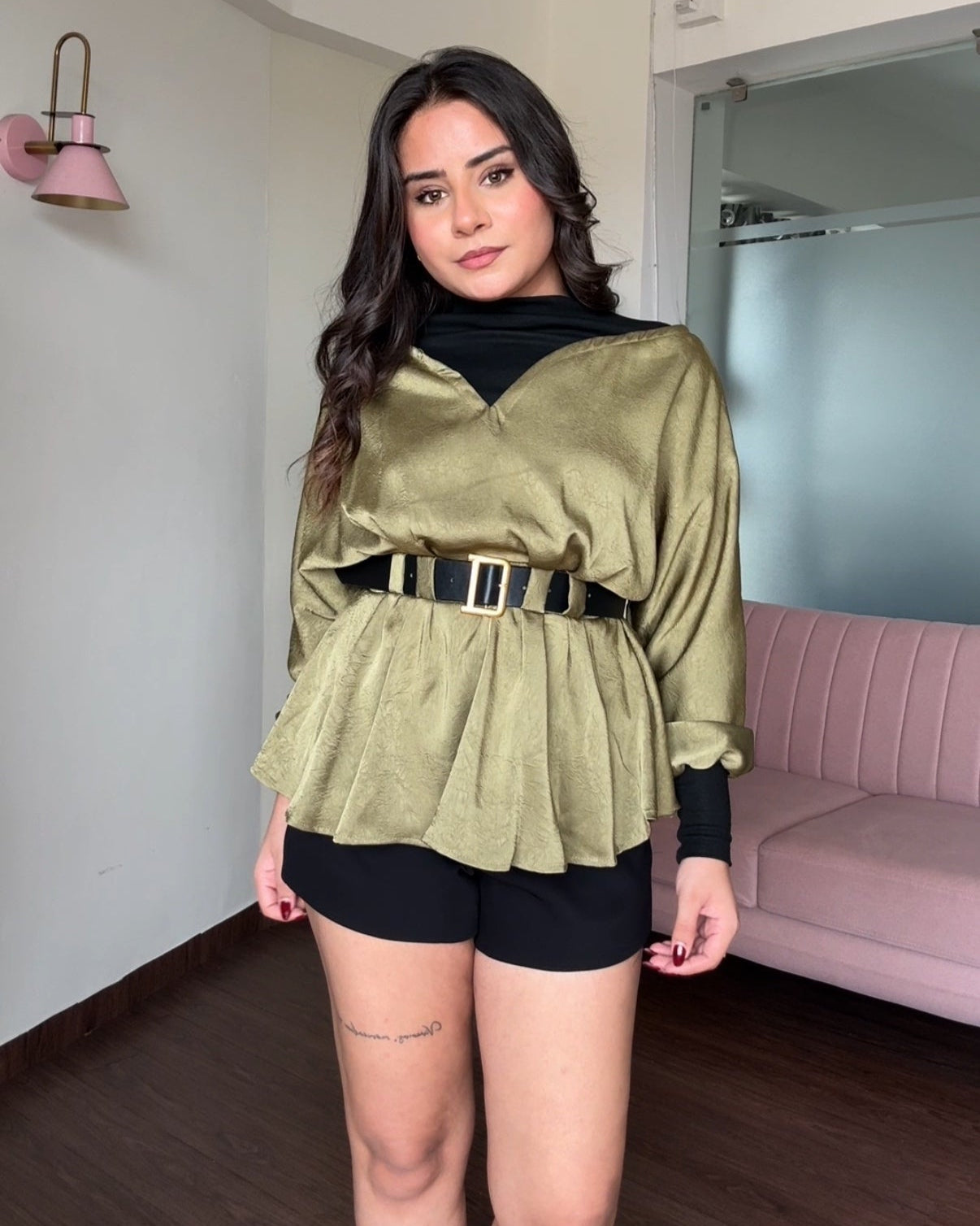 Belted Peplum Satin Highneck Top