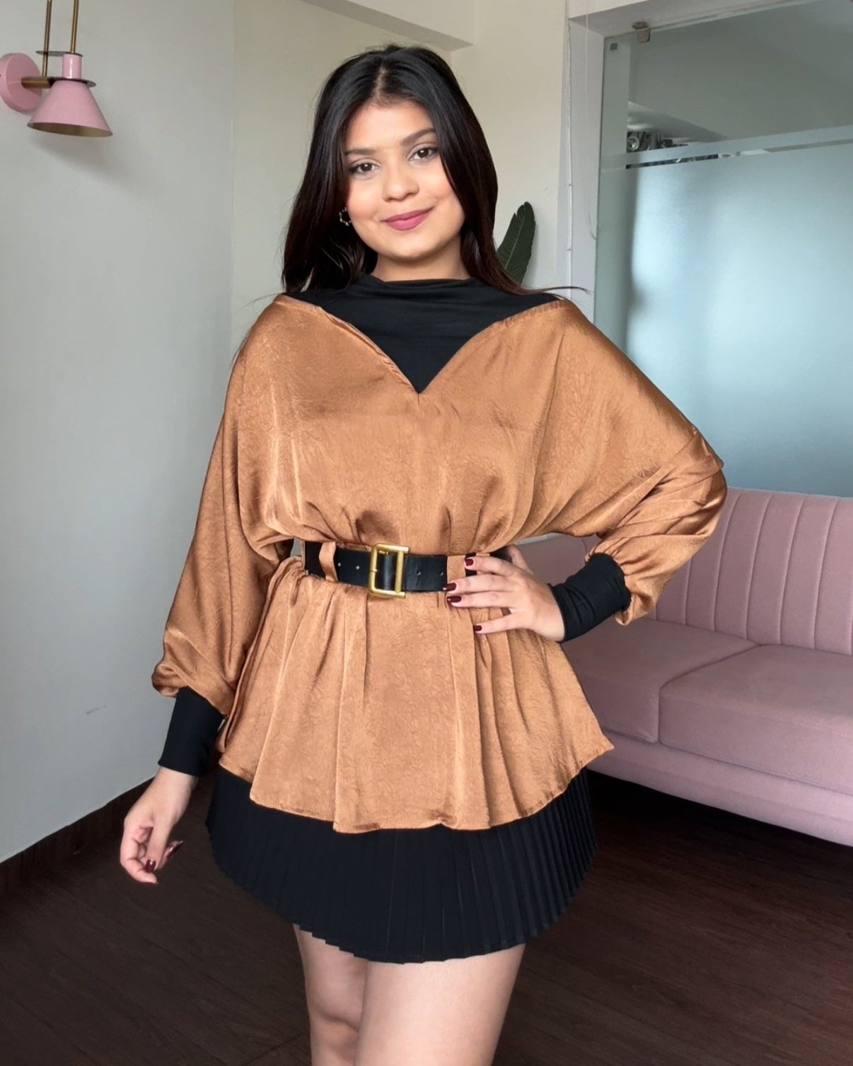 Belted Peplum Satin Highneck Top
