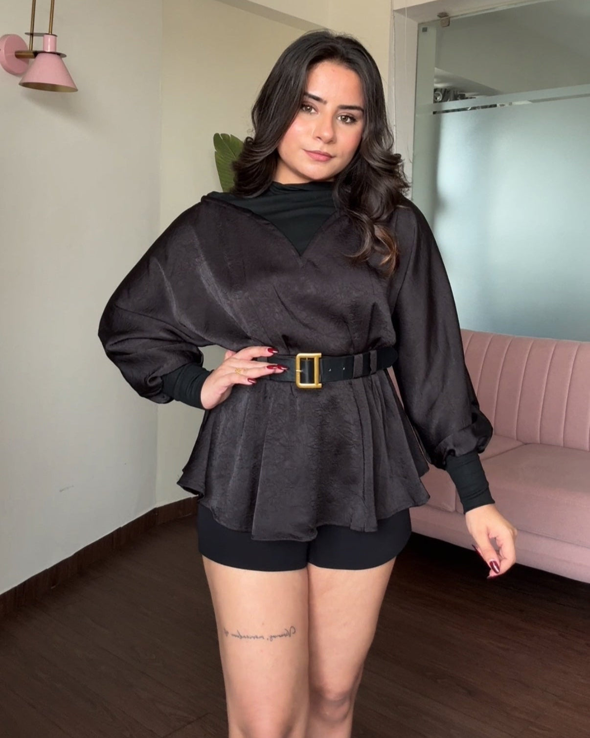 Belted Peplum Satin Highneck Top