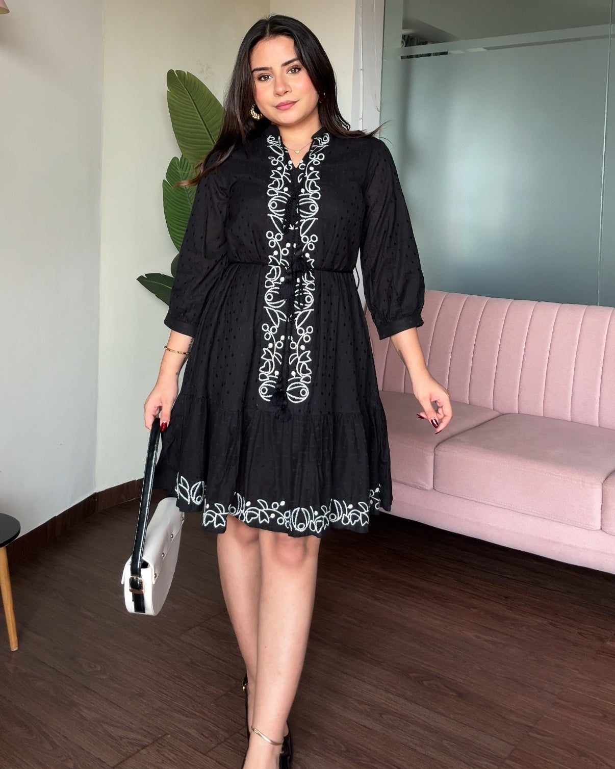 Black Contrast Embroidery Flared Dress