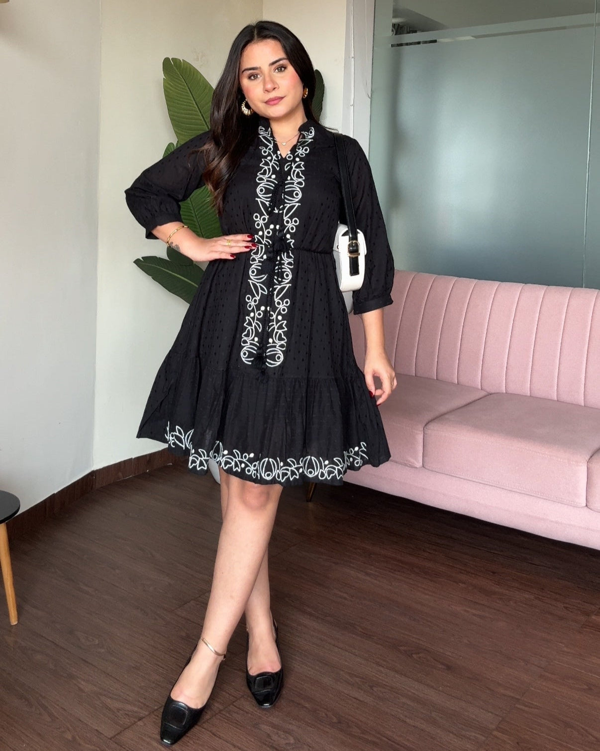Black Contrast Embroidery Flared Dress