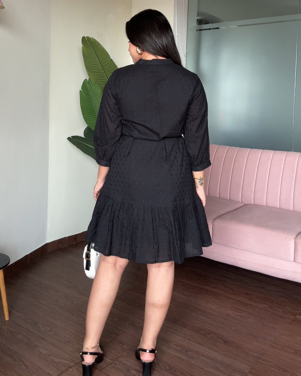 Black Contrast Embroidery Flared Dress