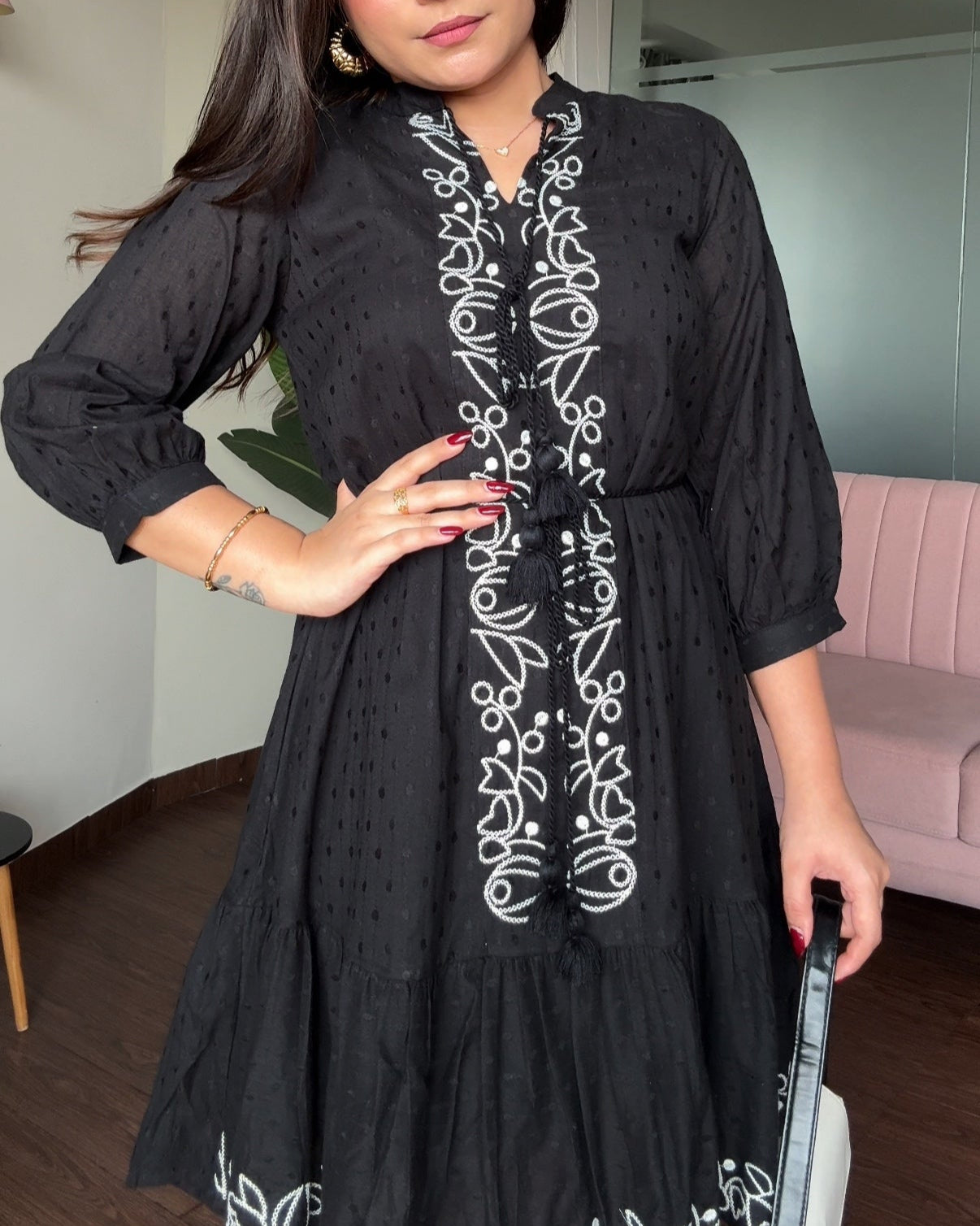Black Contrast Embroidery Flared Dress