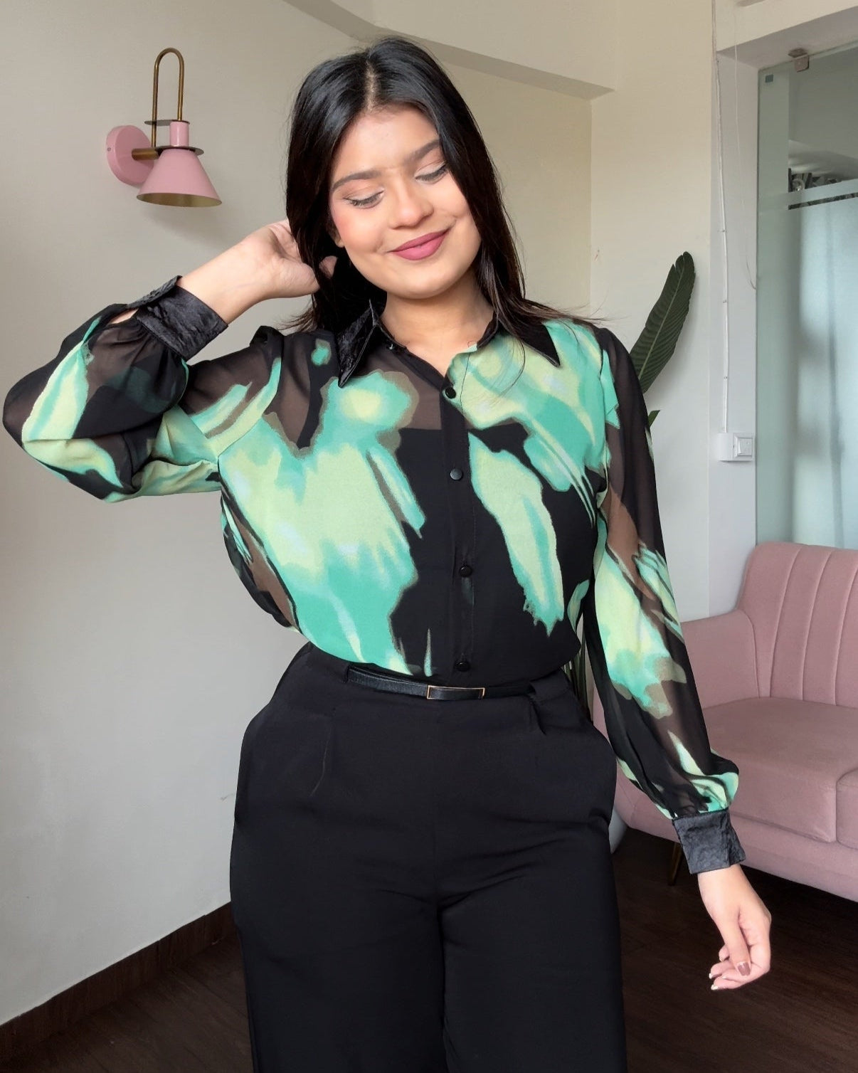 Black Contrast Shaded Chiffon Button Up Blouse