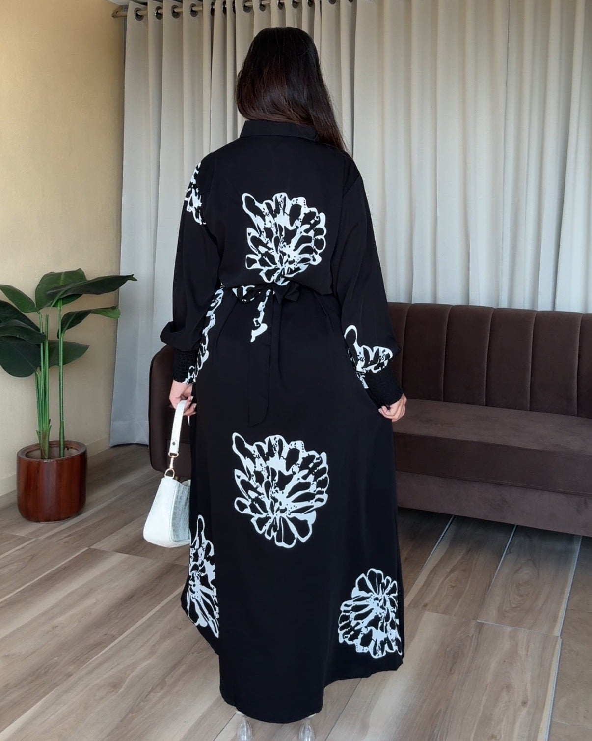 Black Floral Printed Shirt Midi Dress With Belt