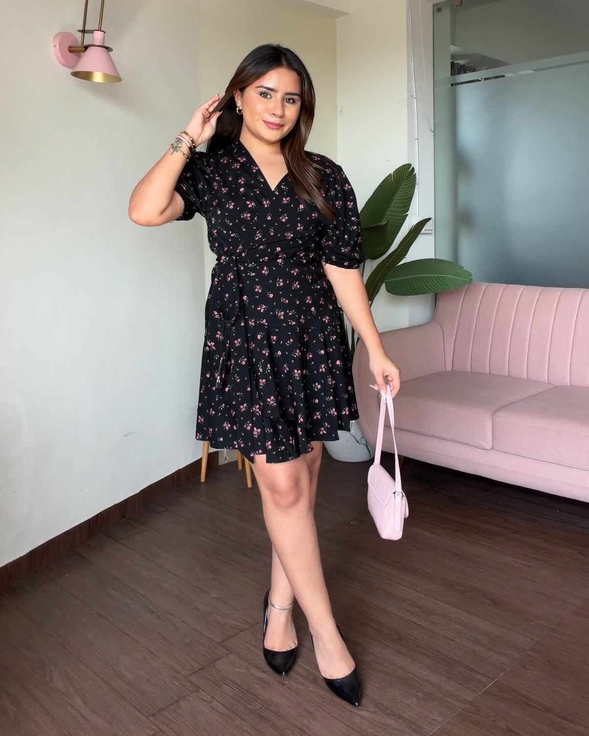 Black Floral Puff Sleeve Wrap Mini Dress