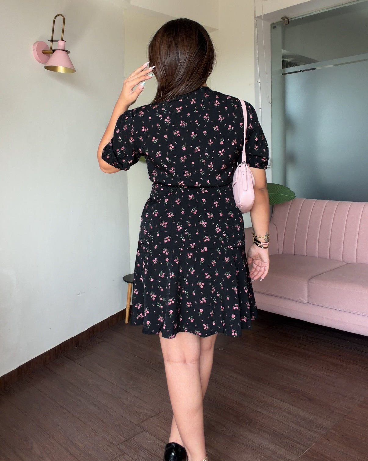 Black Floral Puff Sleeve Wrap Mini Dress