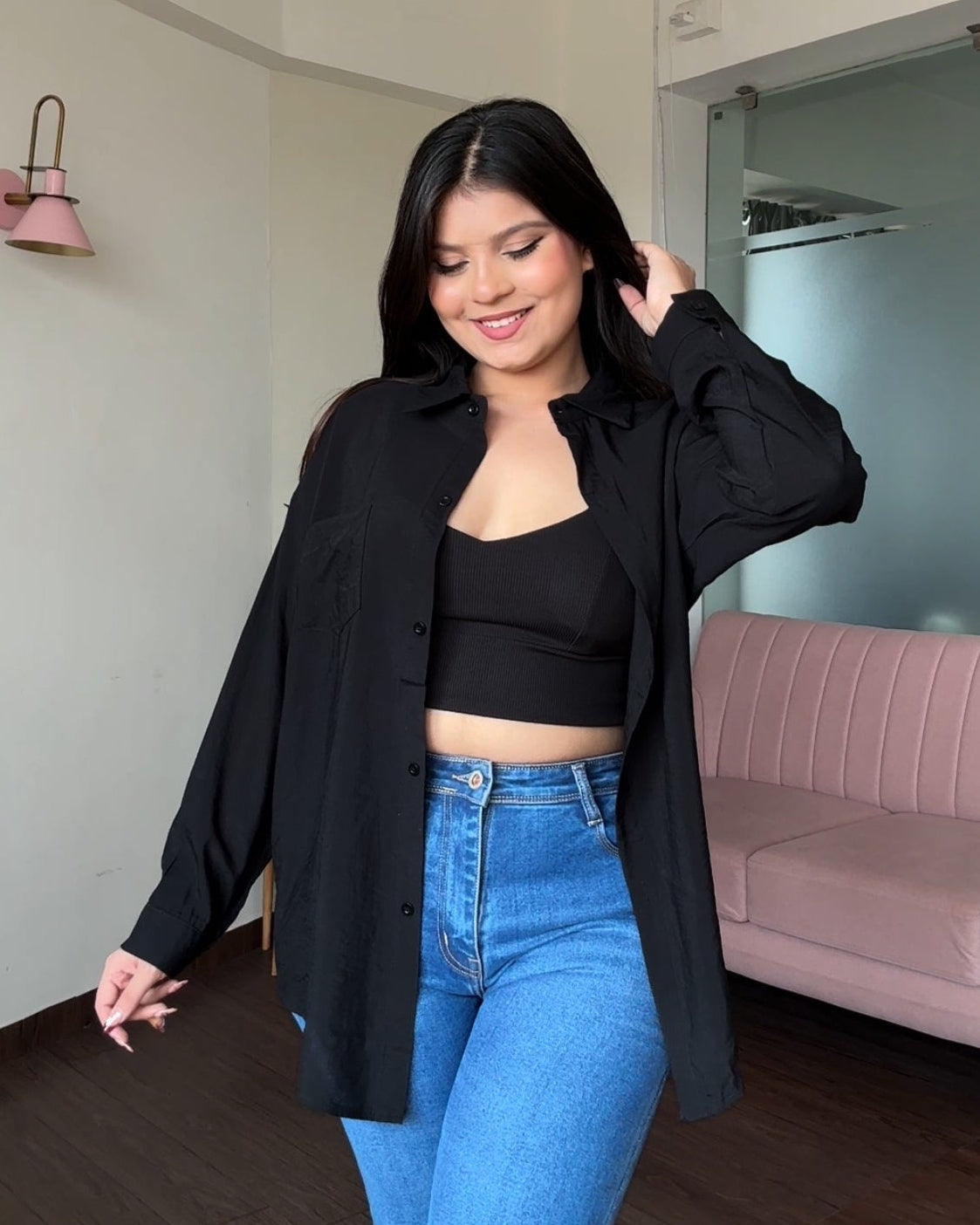 Black Relaxed Fit Shirt With Padded Cami Top
