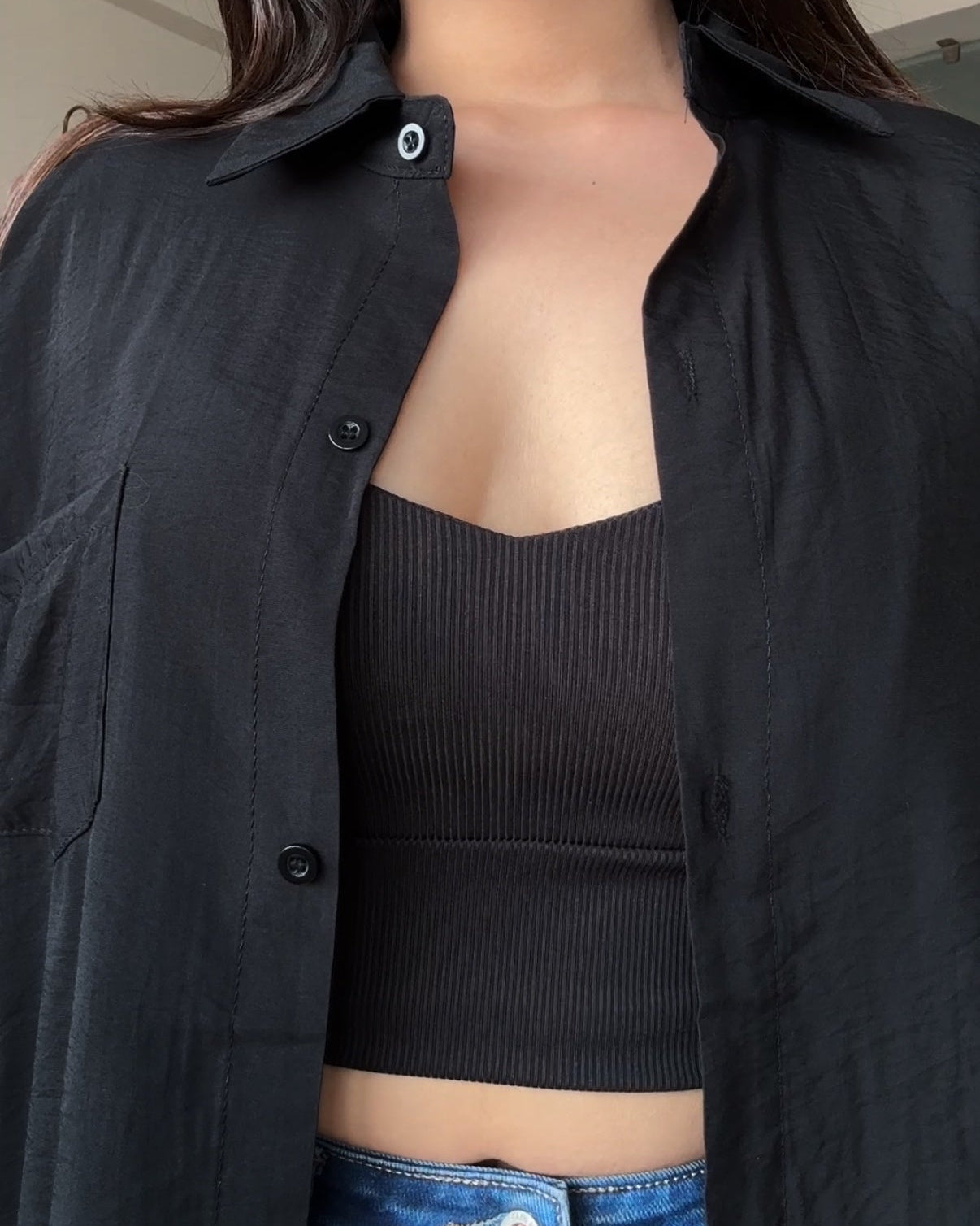 Black Relaxed Fit Shirt With Padded Cami Top