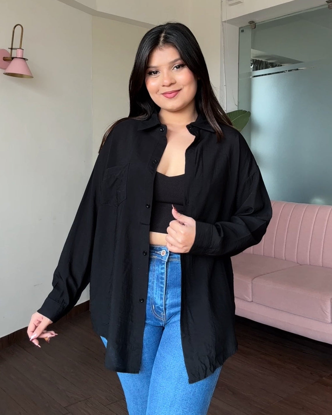 Black Relaxed Fit Shirt With Padded Cami Top