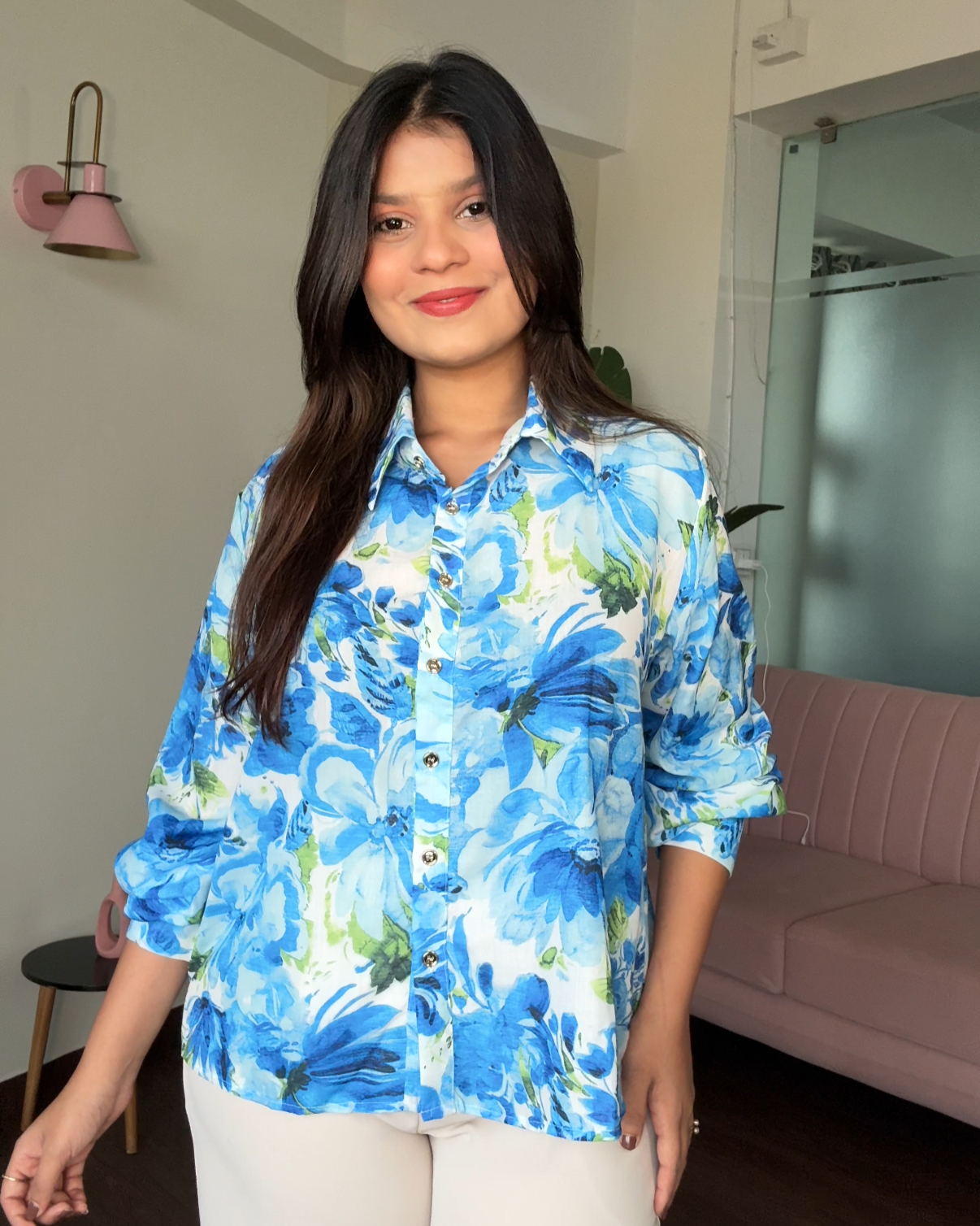 Blue Floral Crepe Button Up Shirt
