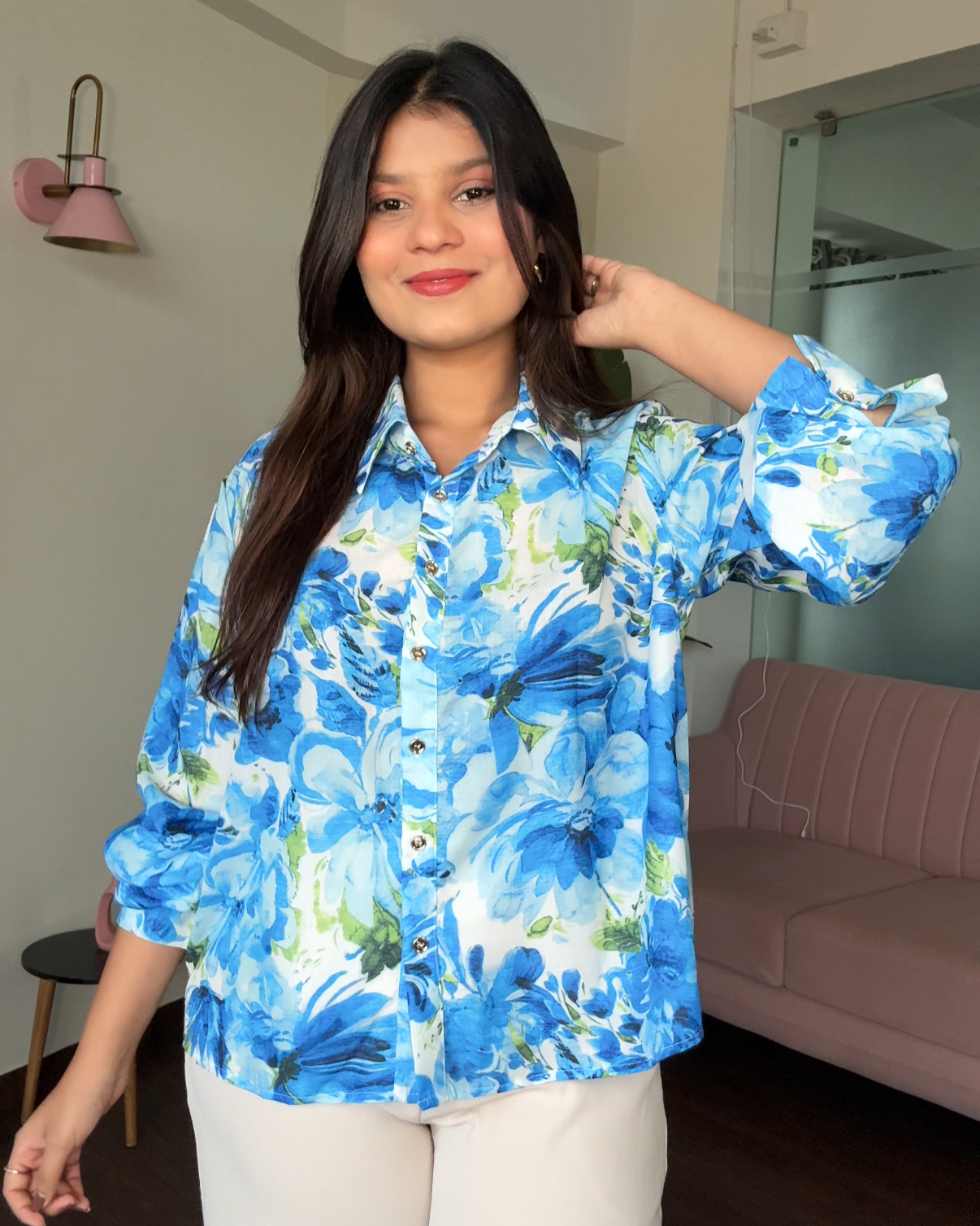 Blue Floral Crepe Button Up Shirt