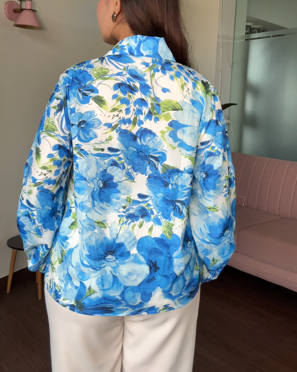 Blue Floral Crepe Button Up Shirt