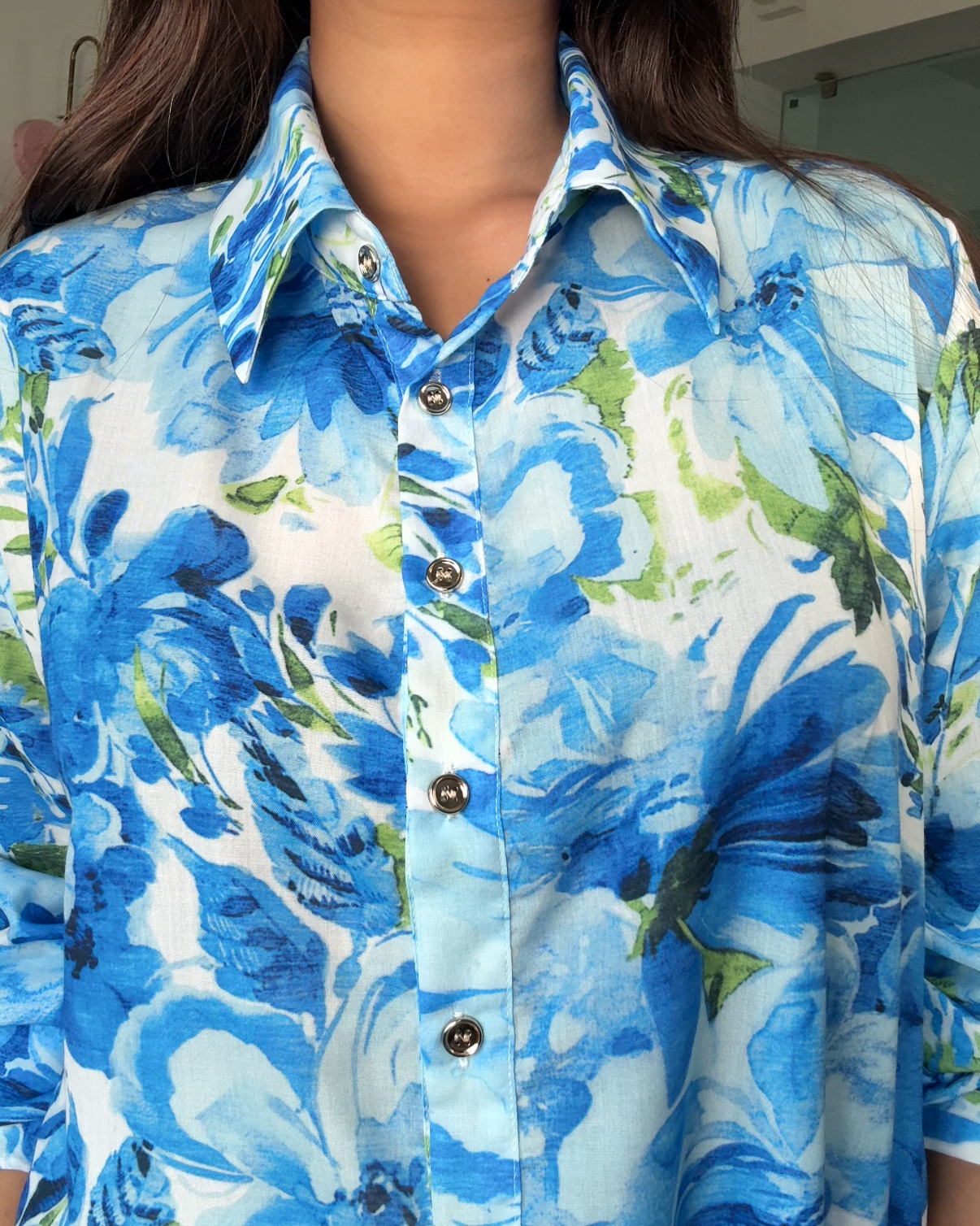 Blue Floral Crepe Button Up Shirt