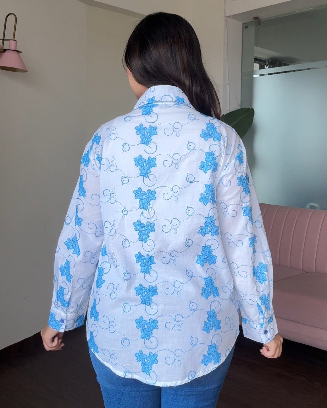 Blue Floral Embroidered Button Down Shirt